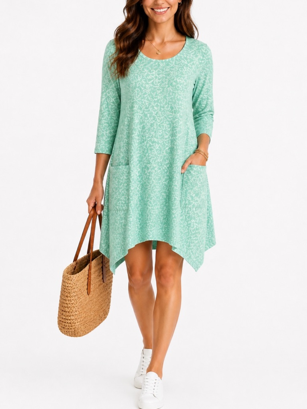 Fresh Produce Mint Green Floral Cotton Knit Tunic Beachy Dress w/Pockets Size XL